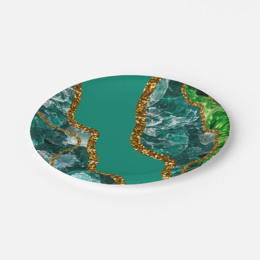 Assiettes En Carton Emerald Green & Gold Agate Parties scintillant (Angle)