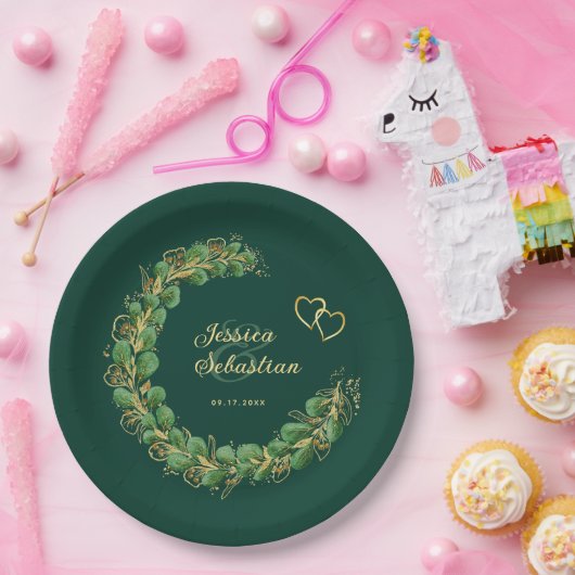 Assiettes En Carton Emerald Green & Gold Eucalyptus Jewel Mariage (Fête)