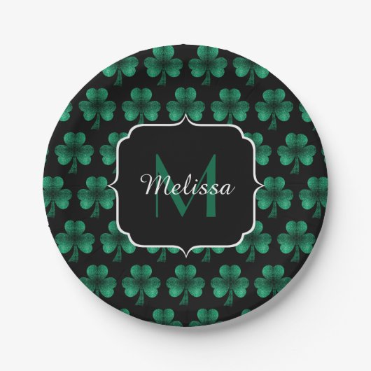 Assiettes En Carton Emerald Green Sparkle Shamrock noir Monogramme (Devant)