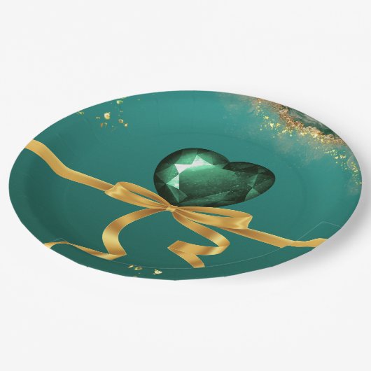 Assiettes En Carton émeraude or vert bijou mariage (Angle)