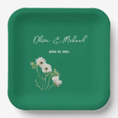 Assiettes En Carton Émeraude vert Fleurs blanches Plaques en papier Ma (Recto)