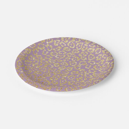 Assiettes En Carton Empreinte de léopard élégant violet & or (Angle)