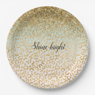 Assiettes En Carton Empreinte de léopard Mint Ombre Gold Parties scin