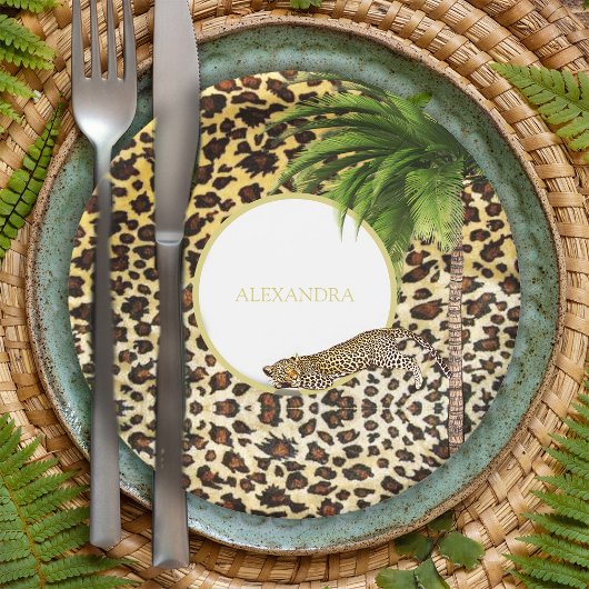 Assiettes En Carton Empreinte de léopard Motif Elegant Palm Personnel
