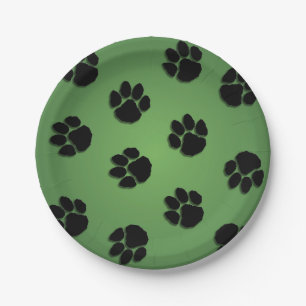 Assiettes En Carton Empreintes de pattes sur fond vert