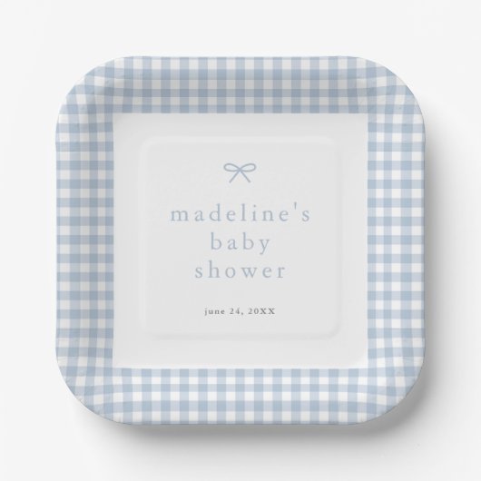 Assiettes En Carton en vichy Baby shower simple Bow Dusty Blue Boys (Recto)