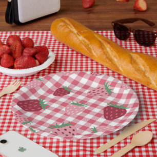 Assiettes En Carton en vichy Berry aux fraises roses et rouges
