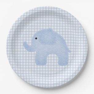 Assiettes En Carton En vichy bleu bébé garçon Baby shower éléphant