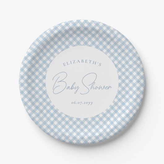 Assiettes En Carton En vichy bleu mignon simple baby shower personnali (Devant)