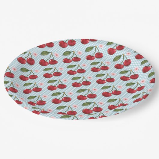 Assiettes En Carton En vichy Bleu Rustique Et Cerises (Angle)