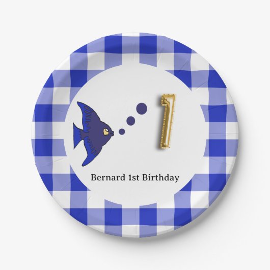 Assiettes En Carton en vichy, Blue Fish & Balloon 1er anniversaire (Devant)