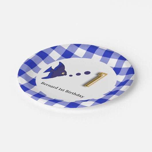 Assiettes En Carton en vichy, Blue Fish & Balloon 1er anniversaire (Angle)