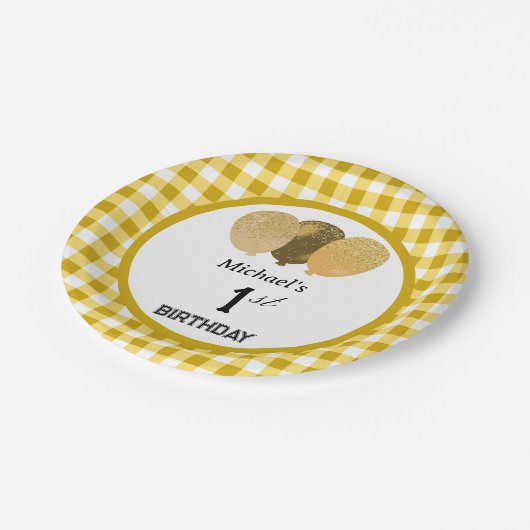 Assiettes En Carton En vichy et ballons jaunes 1er anniversaire (Angle)