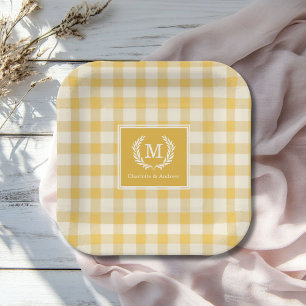 Assiettes En Carton En vichy jaune Monogramme Crest Personnalisé