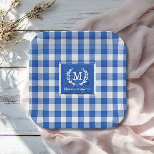 Assiettes En Carton En vichy monogramme bleu personnalisé