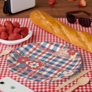 Assiettes En Carton En vichy patriotique aux accents floraux Rouge b