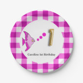 Assiettes En Carton en vichy, Poisson rose & Ballotte 1er anniversaire (Devant)
