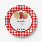 Assiettes En Carton En vichy rouge et ballons 1er anniversaire (Devant)