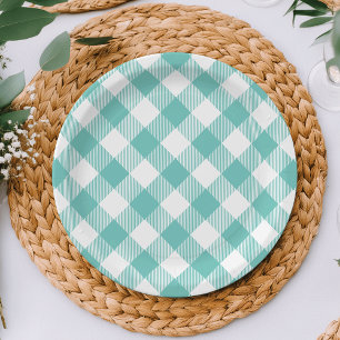 Assiettes En Carton En vichy turquoise et blanc