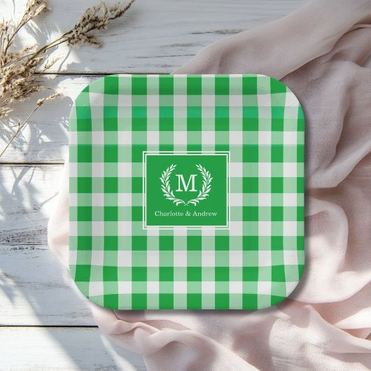 Assiettes En Carton En vichy vert Monogramme Crest