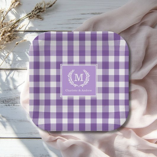 Assiettes En Carton En vichy violet Monogram Crest Custom