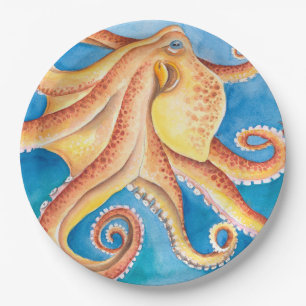 Assiettes En Carton Encre d'aquarelle orange rouge octopus