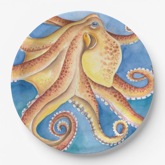 Assiettes En Carton Encre d'aquarelle rouge orange octopus (Devant)