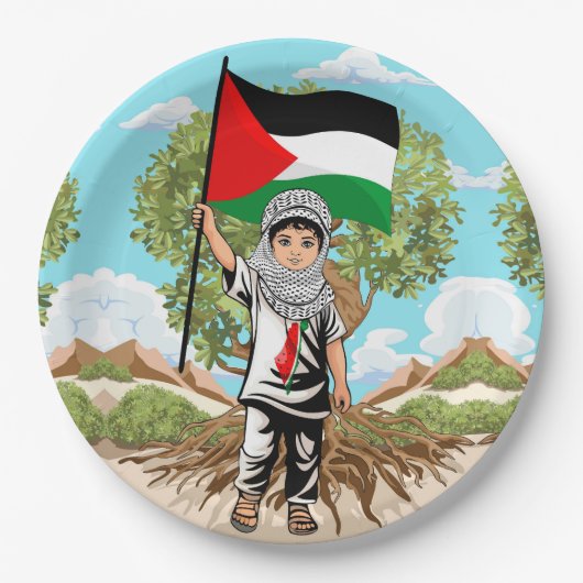 Assiettes En Carton Enfant avec Keffiyeh Palestine Drapeau et olivier (Devant)