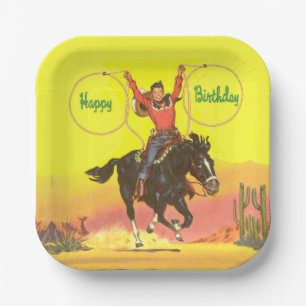 Assiettes En Carton Enfant Cowboy À Cheval Avec Cordes Joyeux Annivers