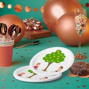 Assiettes En Carton Enfants joueuses assis sous un arbre de pomme