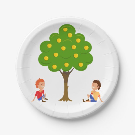 Assiettes En Carton Enfants joueuses assis sous un arbre de pomme (Devant)