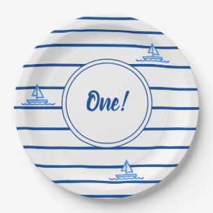 Assiettes En Carton Enfants Premier anniversaire Blue Stripes Bateau à