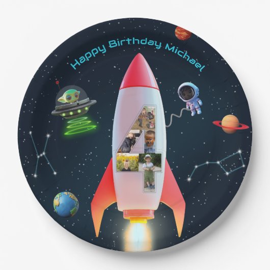 Assiettes En Carton Énorme Quatre avec photos | Space Rocket 4e annive (Devant)