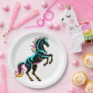Assiettes En Carton Enseigne au néon Cheval Style Rétro Glitch