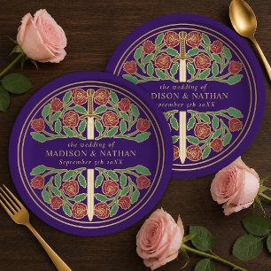 Assiettes En Carton Épée de mariage florale médiévale royale or violet