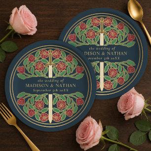 Assiettes En Carton Épée florale médiévale royale grise or mariage