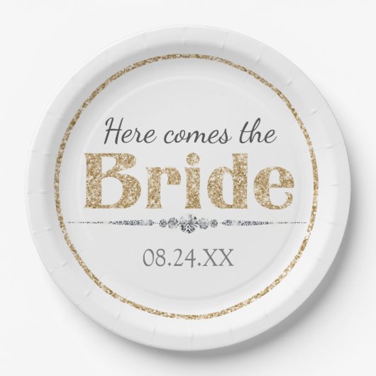 Assiettes En Carton Épouse de Parties scintillant d'or et diamants (Devant)