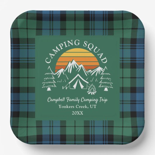 Assiettes En Carton Équipe de camping de la famille Tartan rétro Plaid (Recto)