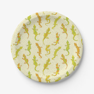 Assiettes En Carton Escalade de roche Geckos sur jaune - motif sans so