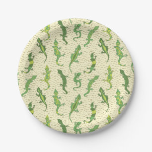 Assiettes En Carton Escalade de roche Geckos sur jaune - motif sans so