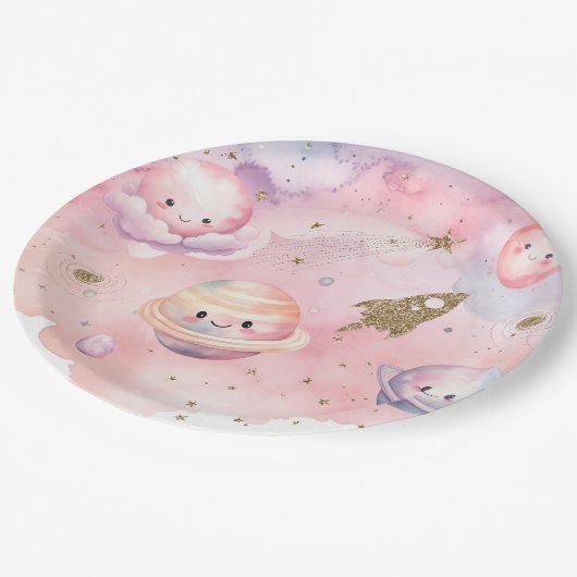 Assiettes En Carton Espace extérieur Planètes et étoiles rose fille an (Angle)