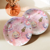 Assiettes En Carton Espace extérieur Planètes et étoiles rose fille an