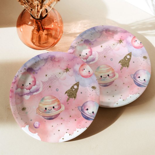 Assiettes En Carton Espace extérieur Planètes et étoiles rose fille an