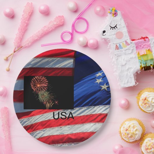 Assiettes En Carton États-Unis Drapeau et feux d'artifice (Fête)