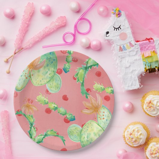 Assiettes En Carton Été Cactus Plaque en papier rose (Fête)