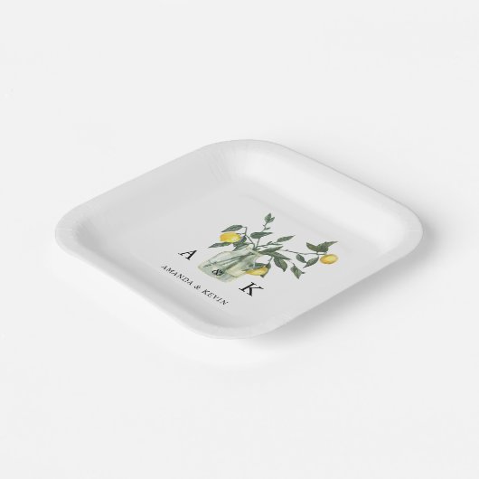 Assiettes En Carton Été Citrus Citron vert Monogramme Mariage (Angulaire)
