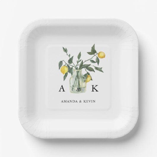 Assiettes En Carton Été Citrus Citron vert Monogramme Mariage (Recto)