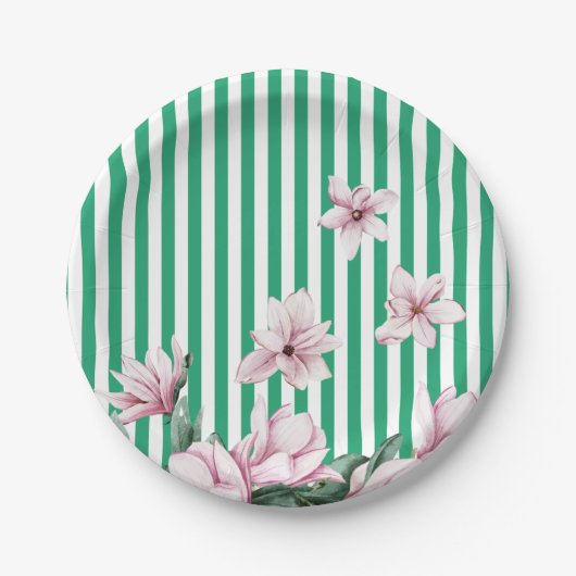 Assiettes En Carton Été, printemps, imprimé magnolia rayé vert (Devant)