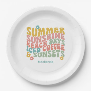 Assiettes En Carton Été Super Rétro Monogramme rose Nom Bagage