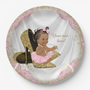 Assiettes En Carton Ethnic Girl'or rose Baby shower haut talon